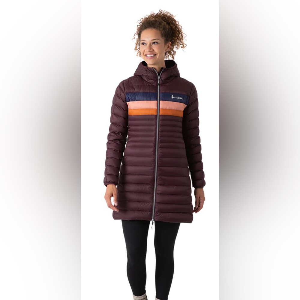 Cotopaxi Fuego Down Parka in black iris stripes, size S, Women’s. Like New!